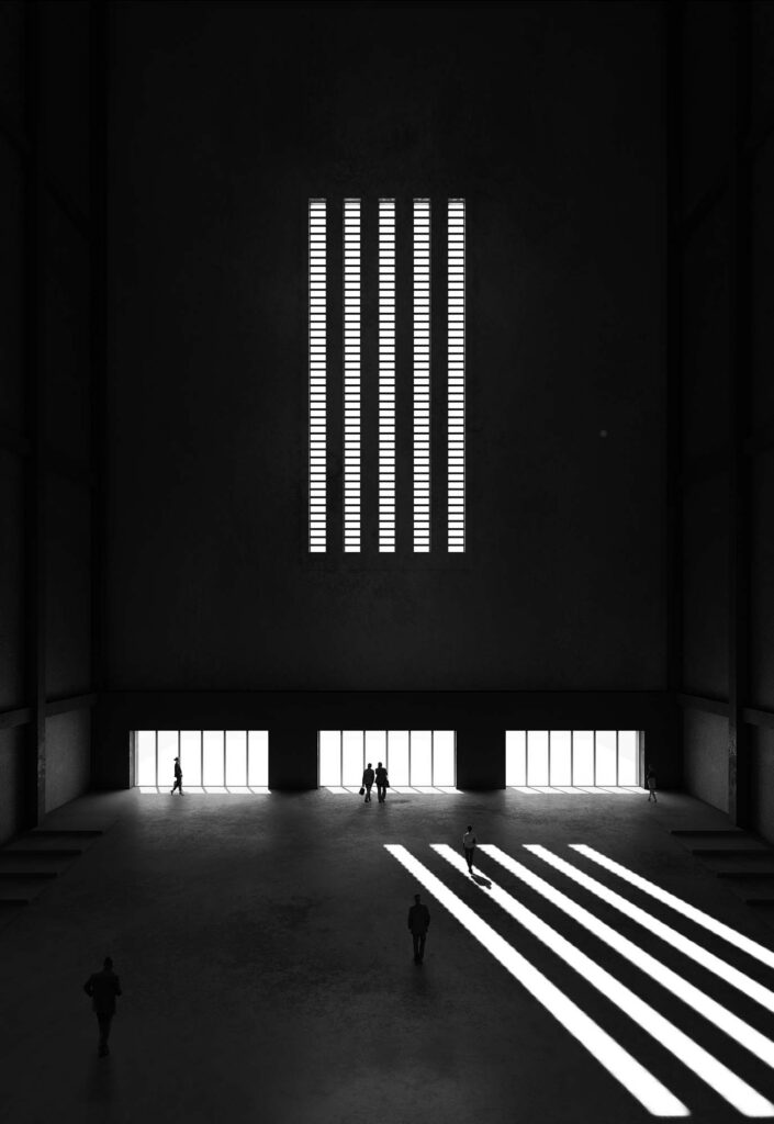 render 3d project interior light study cuts of light london tate modern museum contrast black&white